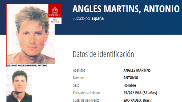 Ficha policial de Antonio Anglés en la base de datos de la Interpol