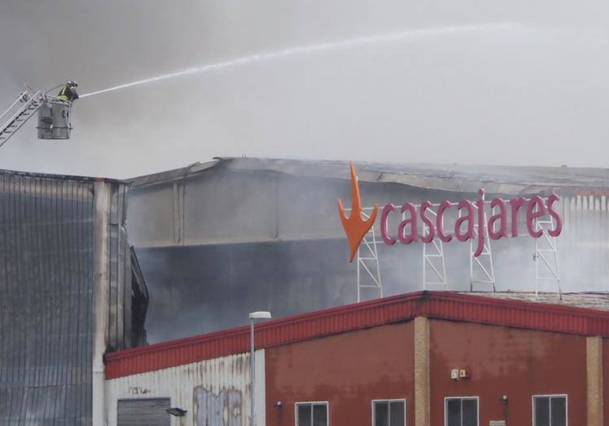 Efectivos de los bomberos de Palencia trabajan en la extinción del incendio de la fábrica