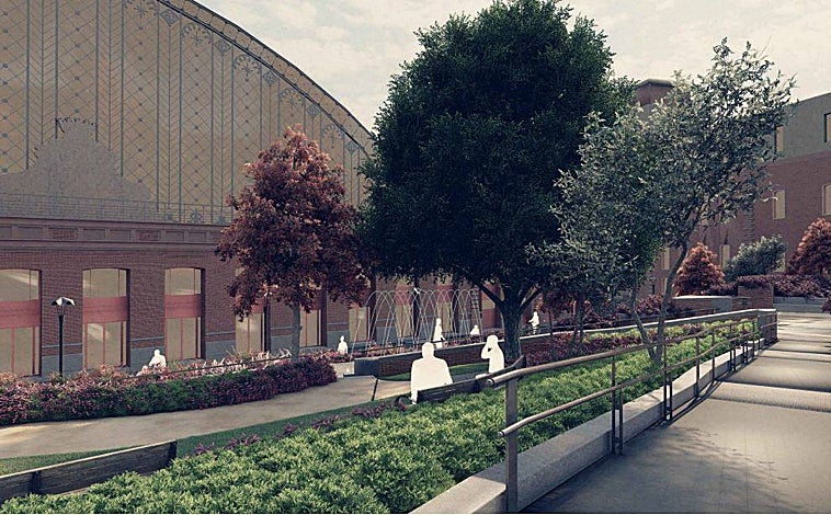 Imagen principal - Arriba, fotomontaje del nuevo aspecto que tendrá el acceso a la estación de Atocha tras la remodelación. Abajo, estado actual del acceso por la marquesina principal y desde un lateral