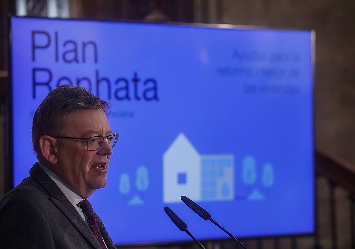 Imagen del presidente de la Generalitat Valenciana, Ximo Puig, este miércoles en la presentación de unas ayudas a viviendas