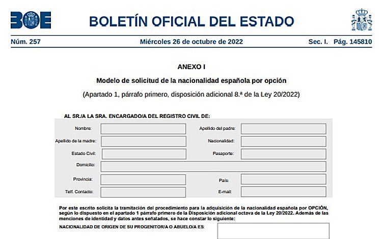 Imagen - Impreso con el que piden la nacionalidad los descendientes de españoles