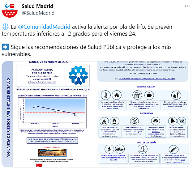 Madrid activa alerta ante una ola de frío: avisos por nieve en la Comunidad