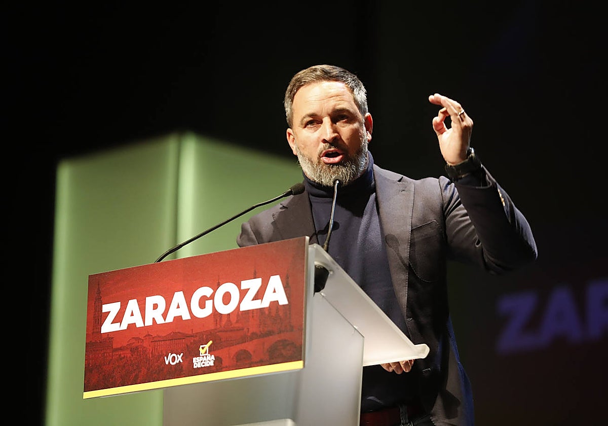 El presidente de Vox, Santiago Abascal, en un mitin celebrado este viernes en Zaragoza