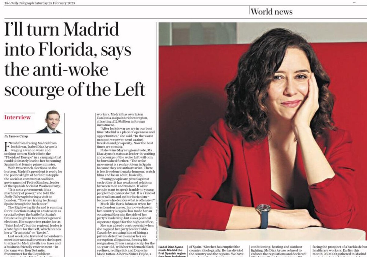 Ayuso, en 'The Daily Telegraph': «Quiero convertir Madrid en la Florida de  Europa»