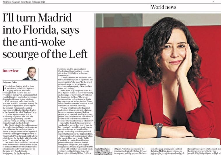 Ayuso, en 'The Daily Telegraph': «Quiero convertir Madrid en la Florida de Europa»