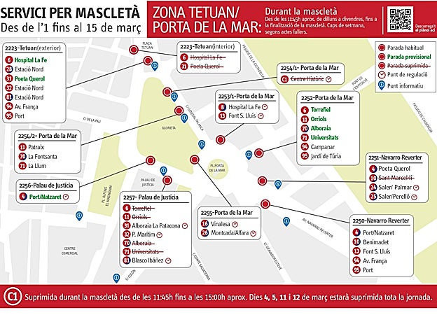 Servicios especiales de los autobuses de la EMT de Valencia para las Fallas 2023