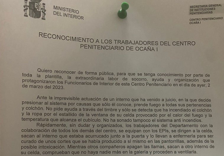 La carta de la directora de la prisión Ocaña I a los funcionarios tras incendiar un recluso su celda: «Sois un orgullo»