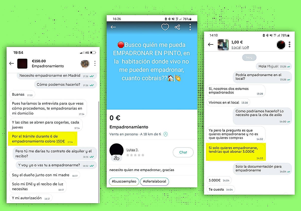Capturas de los anuncios y conversaciones de los falsos empadronamientos a través de Wallapop