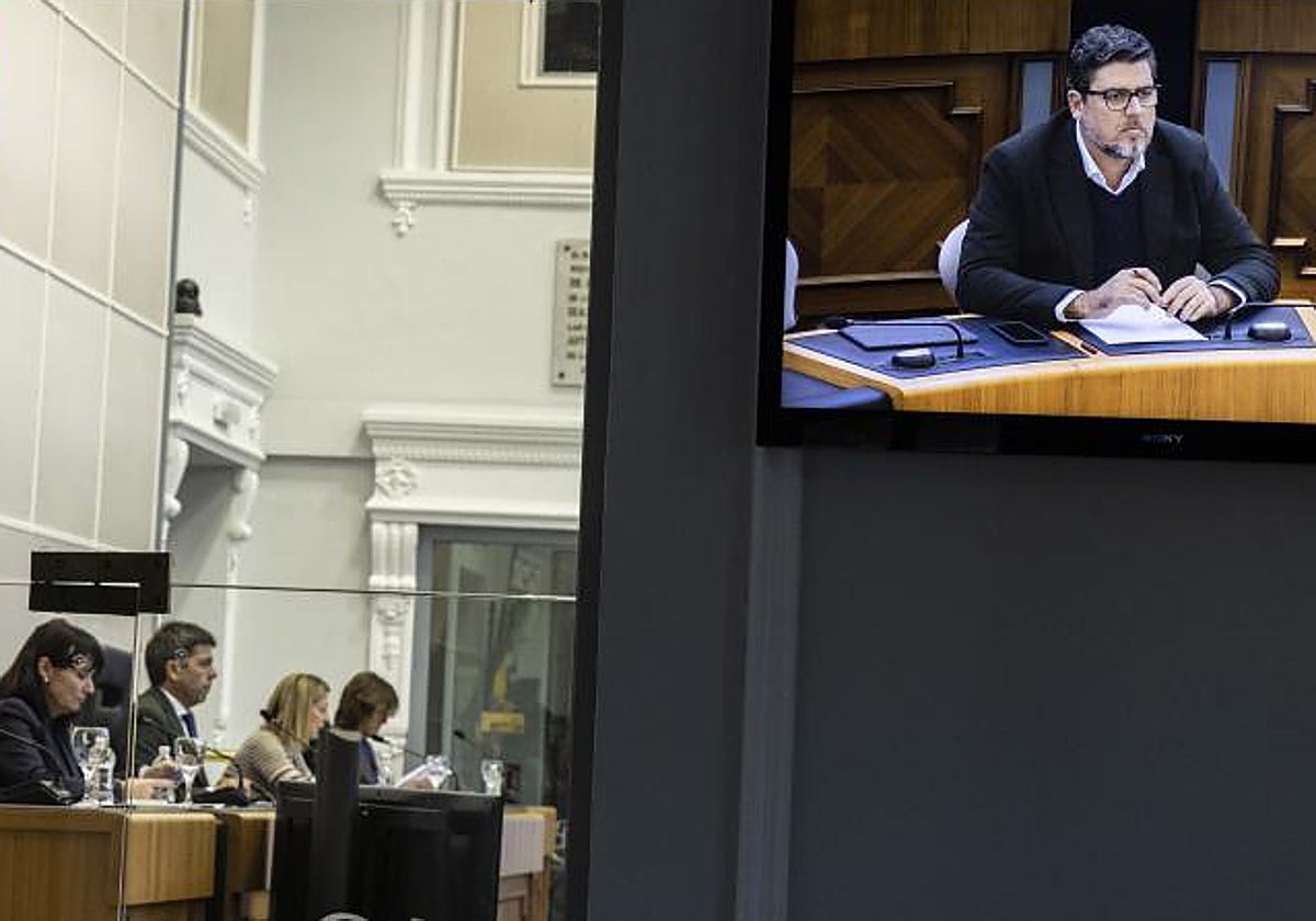 Javier Gutiérrez, en la pantalla durante una sesión plenaria de la Diputación de Alicante.