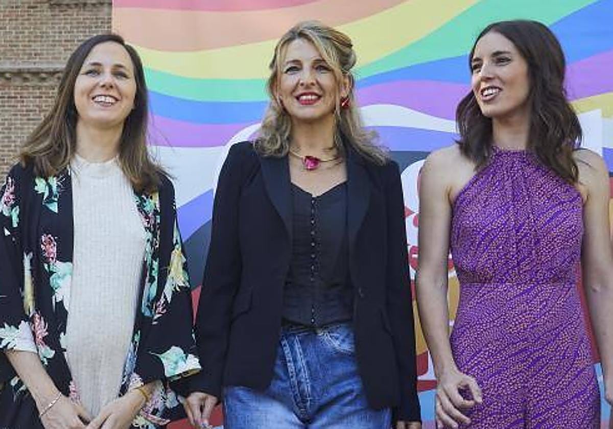 Ione Belarra, Yolanda Díaz e Irene Montero durante un acto el pasado verano