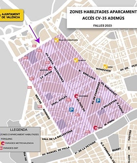 Imagen secundaria 2 - Mapas con las zonas de estacionamiento habilitadas en los accesos a Valencia por la CV-21 (arriba), V-31 (izquierda) y CV-35 (derecha)