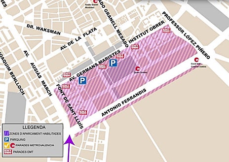 Imagen secundaria 1 - Mapas con las zonas de estacionamiento habilitadas en los accesos a Valencia por la CV-21 (arriba), V-31 (izquierda) y CV-35 (derecha)