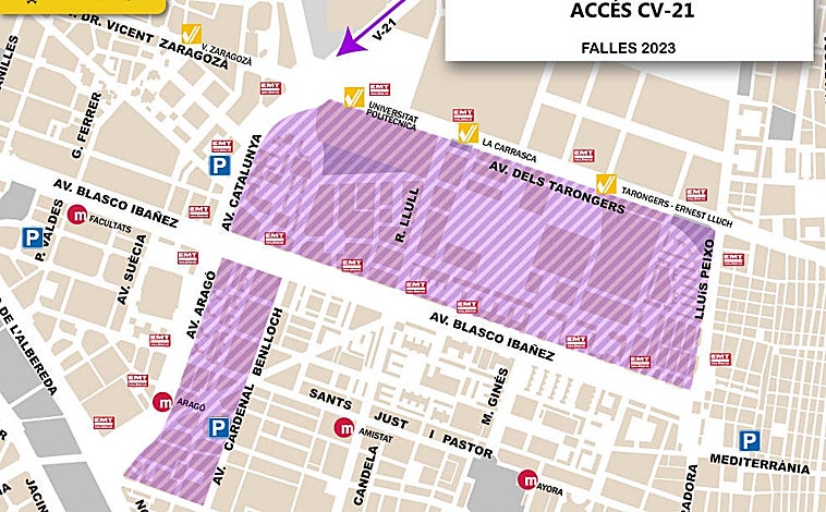 Imagen principal - Mapas con las zonas de estacionamiento habilitadas en los accesos a Valencia por la CV-21 (arriba), V-31 (izquierda) y CV-35 (derecha)