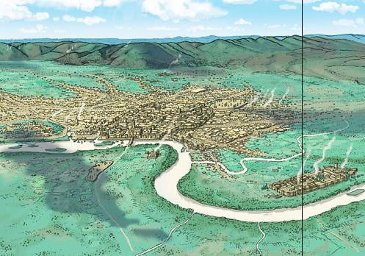 Recreación visual de la posible ubicación de Medina Alzahira en el Arenal (derecha inferior)