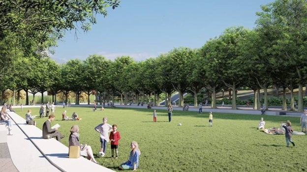 Recreación de la pradera alargada, el centro del parque que culminará Madrid Río