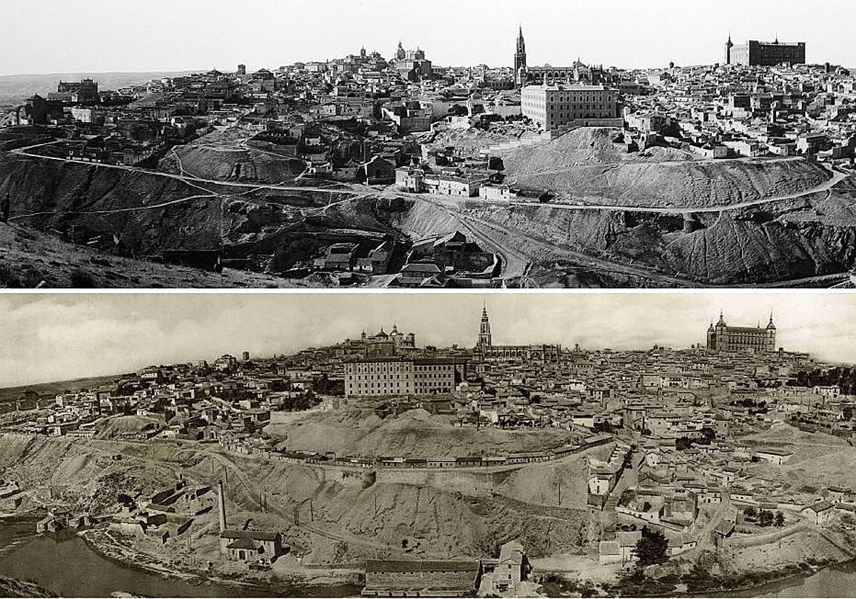 Los vacíos caminos y rodaderos de la fachada sur de Toledo. Arriba, hacia 1898 (Foto Lacoste). Debajo, en la imagen de Hauser y Menet (c. 1932) aparecen las casas de canon levantadas años atrás en las Carreras de San Sebastián
