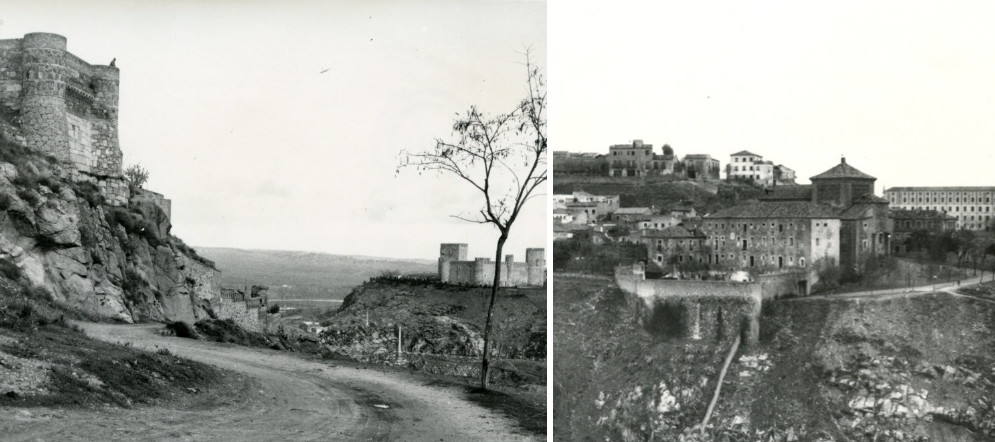 Dos fotos de 1983. A la izquierda, el paseo de Cabestreros, bajo el Corralillo de San Miguel. A la derecha, vista de Gilitos junto al Tránsito. Archivo Municipal de Toledo