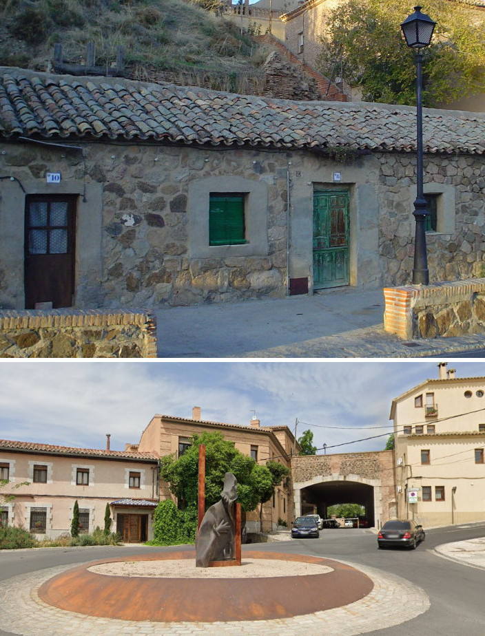 Arriba una de las últimas viviendas a canon en las Carreras de San Sebastián en 2010 (Foto Rafael del Cerro). Debajo el lugar donde concluyó la Ronda Cornisa, en 1979, y el túnel construido para proseguir hacia el paseo del Tránsito (Google Maps, 2023)