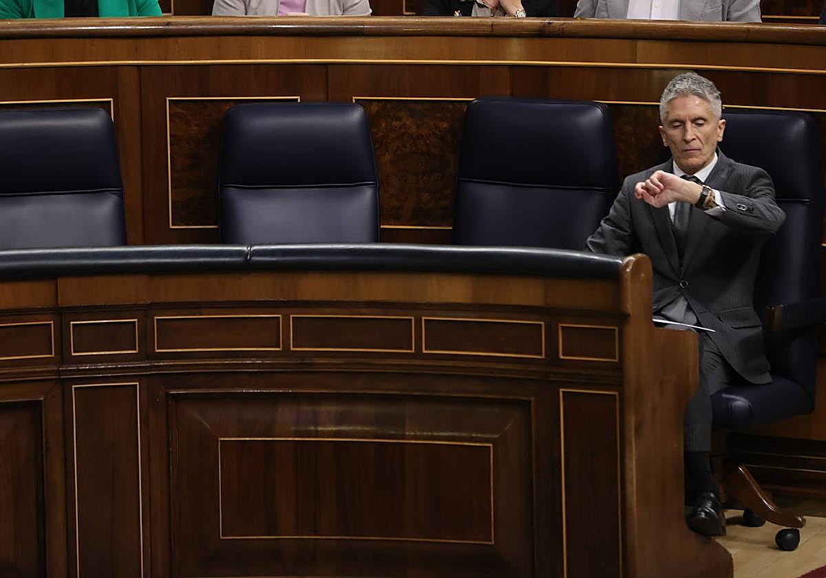 El ministro del Interior, Fernando Grande-Marlaska, solo en la bancada durante la sesión de control al Gobierno