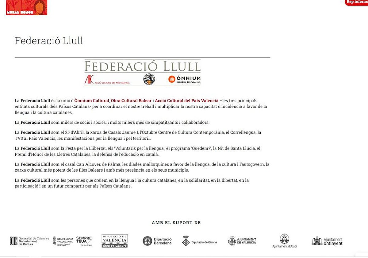 Imagen de la página web de Acció Cultural del País Valencià con la referencia a la Federació Llull