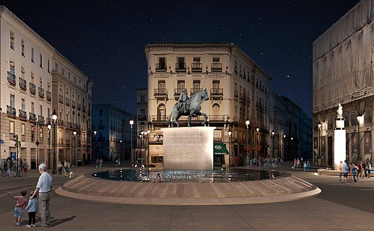 Imagen principal - Recreaciones del futuro aspecto de la estatua de Carlos III, frente a la Real Casa de Correos y rodeada por una lámina de agua con forma oval cuyo fondo imitará el cielo estrellado con puntos luminosos