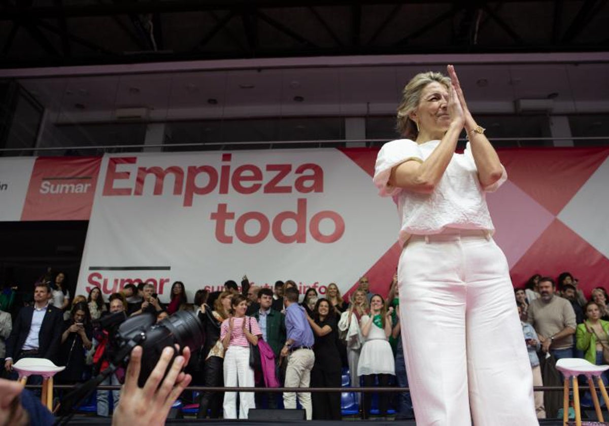 Yolanda Díaz, vicepresidenta segunda y líder de sumar, en el acto de Sumar donde presentó su candidatura a presidir el Gobierno de España, en Madrid