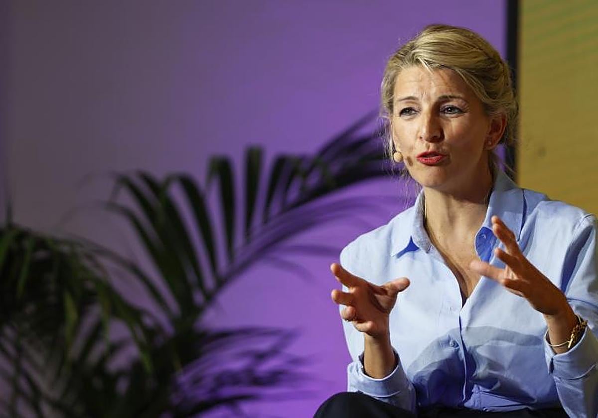 La ministra de Trabajo y Economía Social y vicepresidenta del Gobierno, Yolanda Díaz, durante el acto de micromachismos