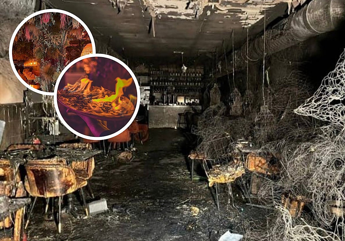 El interior del restaurante Burro Canaglia Bar&Resto, totalmente calcinado. En los círculos, la pizza Inferno picante y el local con numerosas plantas de plástico antes de prender