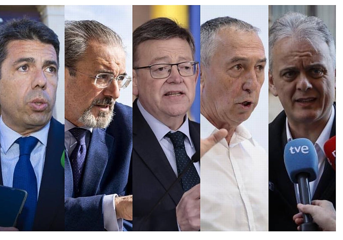 Carlos Mazón (PP), Carlos Flores Juberías (Vox), Ximo Puig (PSPV-PSOE), Joan Baldoví (Compromís) y Héctor Illueca (Podemos)