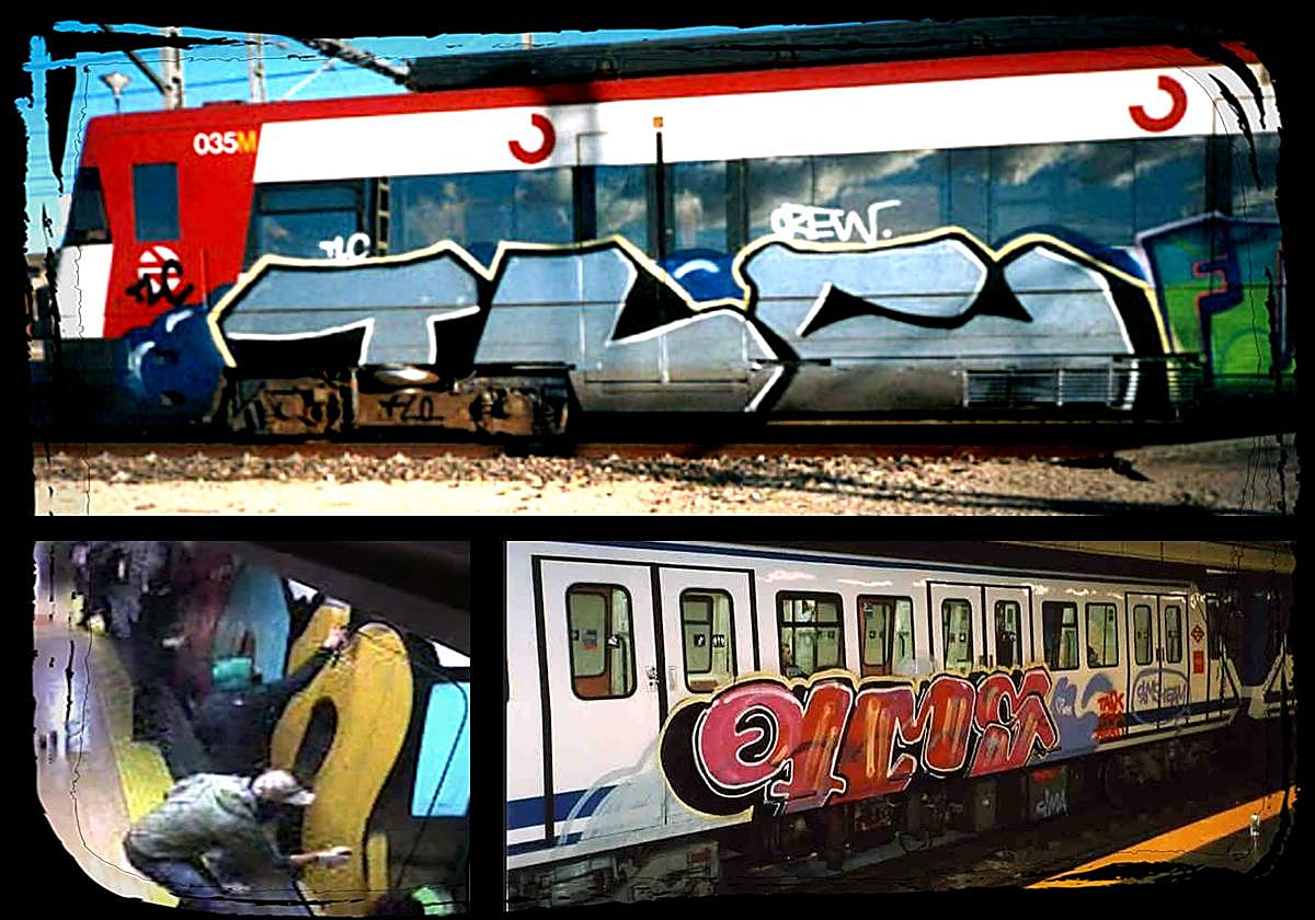 Un grafitero, en acción, en el Metro de Madrid