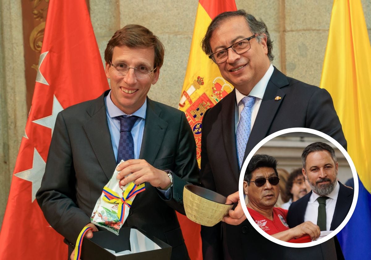 José Luis Martínez-Almeida junto a Gustavo Petro. Abajo, Santiago Abascal con un manifestante