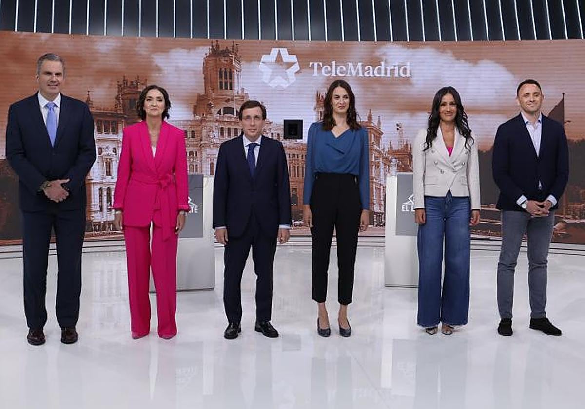 Los candidatos a la alcaldía de Madrid Javier Ortega Smith, Reyes Maroto, José Luis Martínez Almeida, Rita Maestre, Begoña Villacís y Roberto Sotomayor