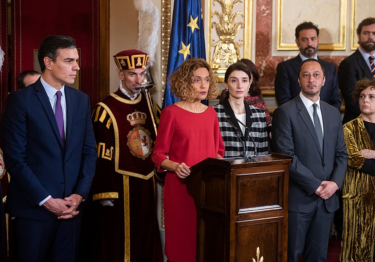 Pedro Sánchez, Meritxell Batet y la ministra de Justicia, Pilar Llop, en el Día de la Constitución