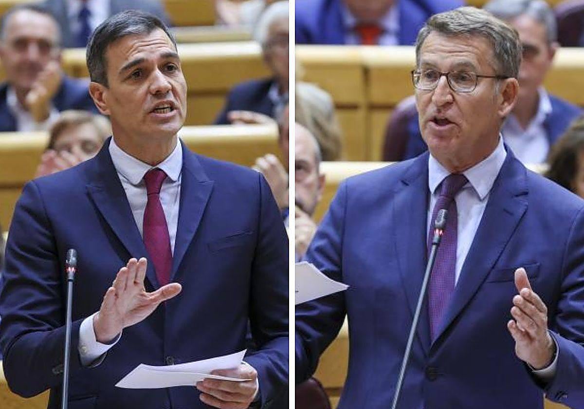 El presidente del Gobierno, Pedro Sánchez, y el líder del PP, Alberto Núñez Feijóo, en el Senado