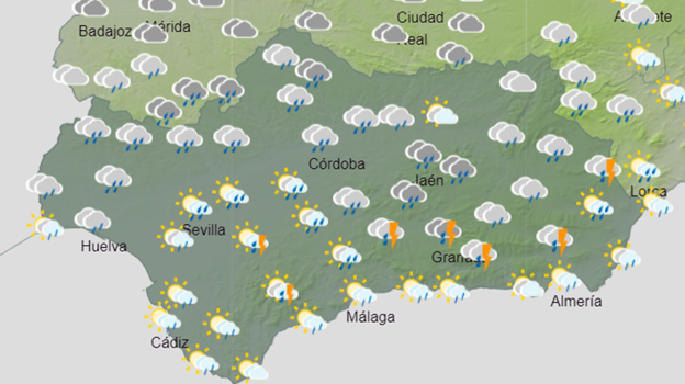 Mapa de Andalucía con la predicción meteorológica del sábado por la tarde
