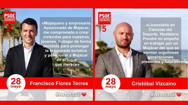 Carteles electorales de los dos miembros detenidos por fraude electoral de la candidatura del PSOE de Mojácar.