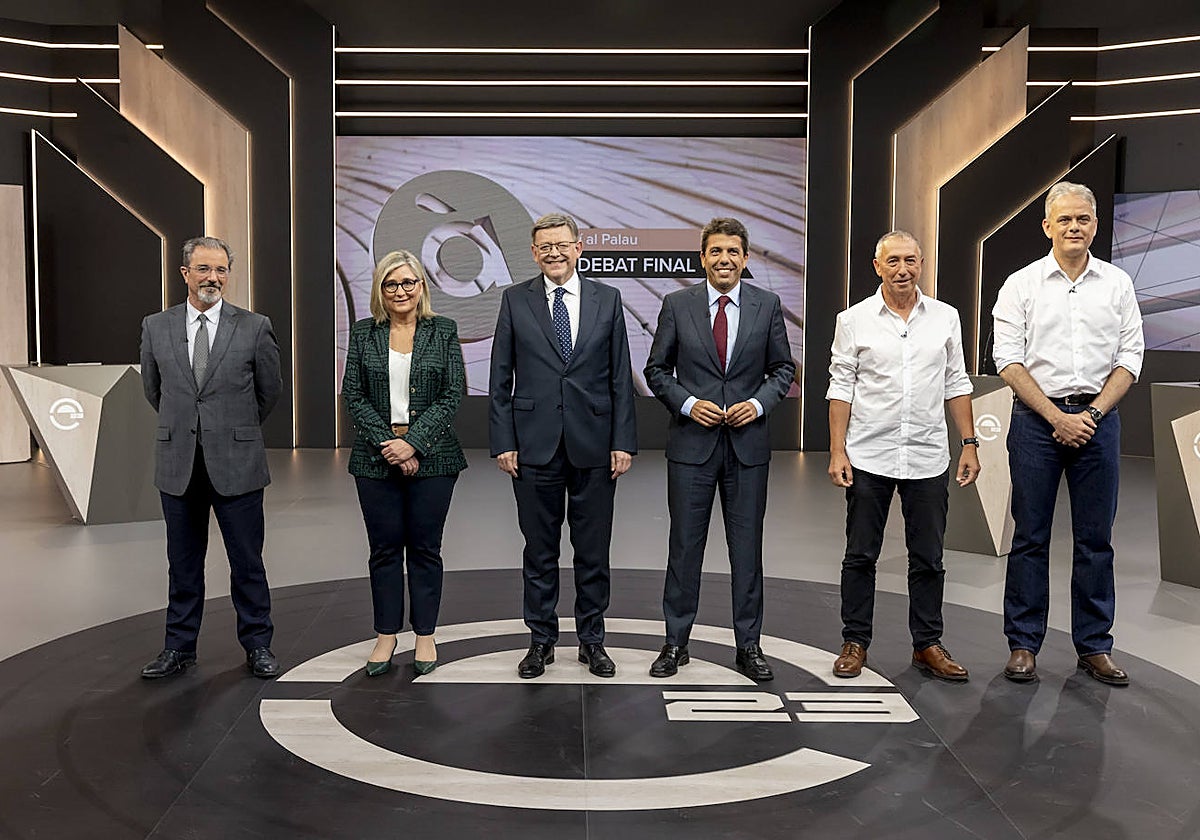 Imagen de Carlos Flores (Vox), Mamen Peris (Ciudadanos), Ximo Puig (PSPV), Carlos Mazón (PP), Joan Baldoví (Compromís) y Héctor Illueca (Unides Podem)