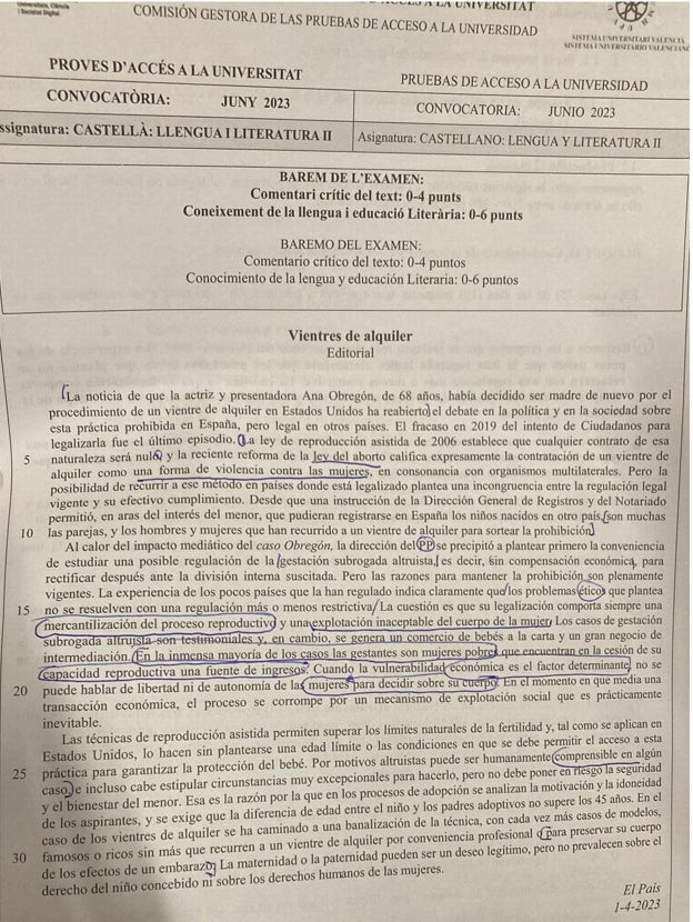Imagen del examen de Castellano sobre Ana Obregón en la Selectividad de Valencia
