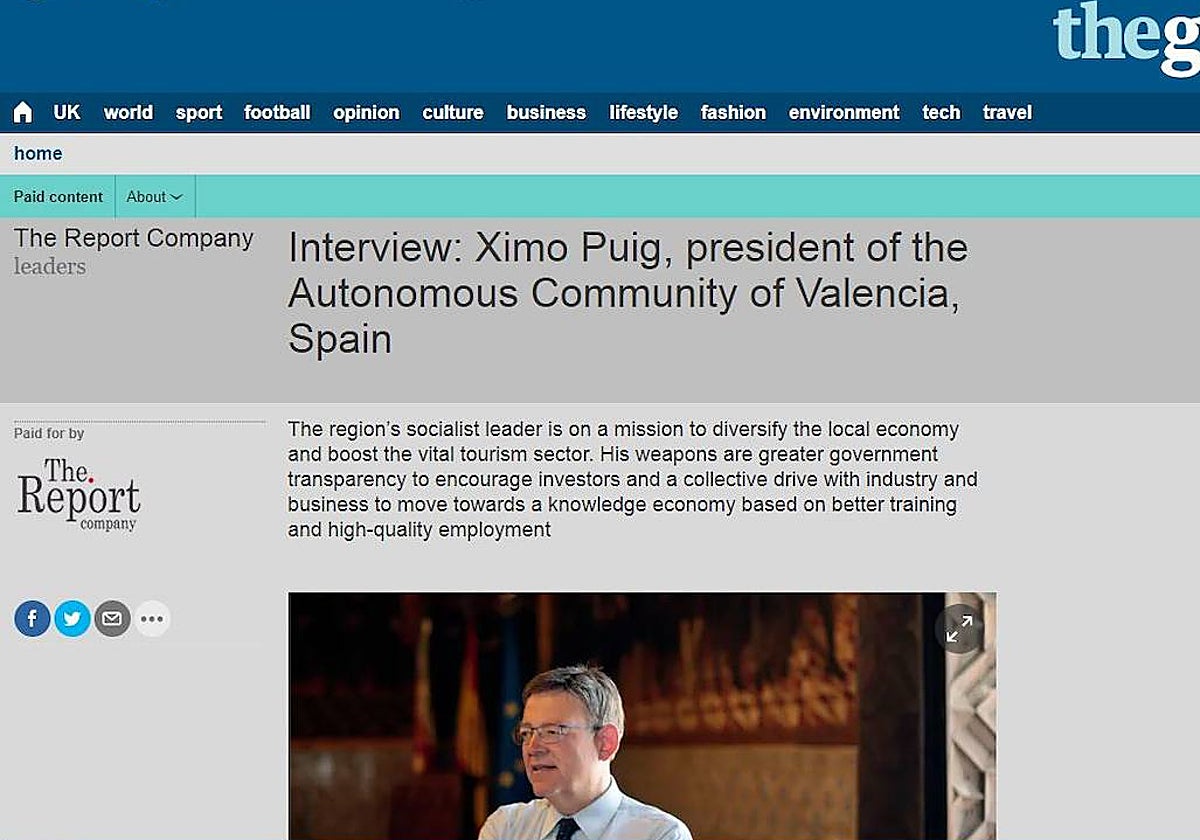 Captura de la entrevista del presidente de la Generalitat, Ximo Puig, en 'The Guardian'