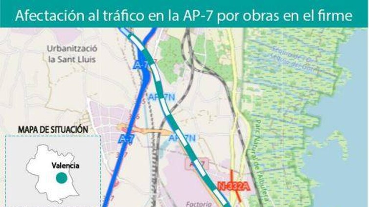 Así afectarán al tráfico las obras en la autopista AP-7 al sur de Valencia