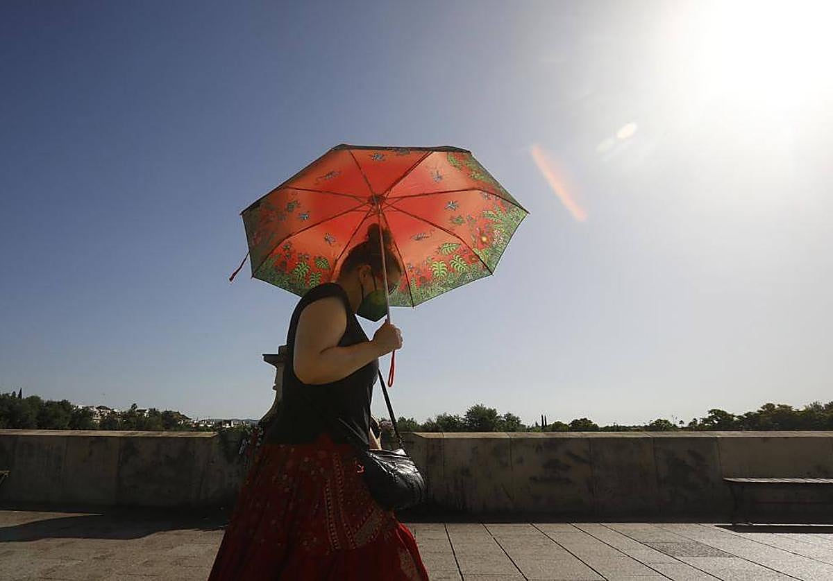 Una mujer bajo un paraguas cruzando el Puente Romano de Córdoba