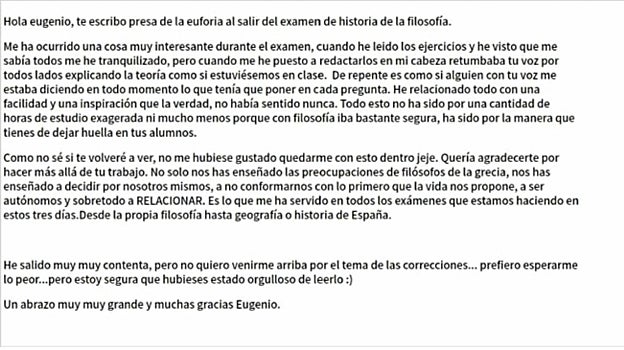 El mensaje de una estudiante a su profesor de Filosofía tras el examen de la EvAU: «Dejas huella en tus alumnos»