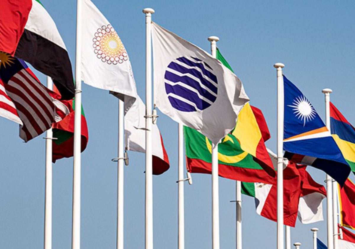 Bandera del BIE junto a las de los estados miembros
