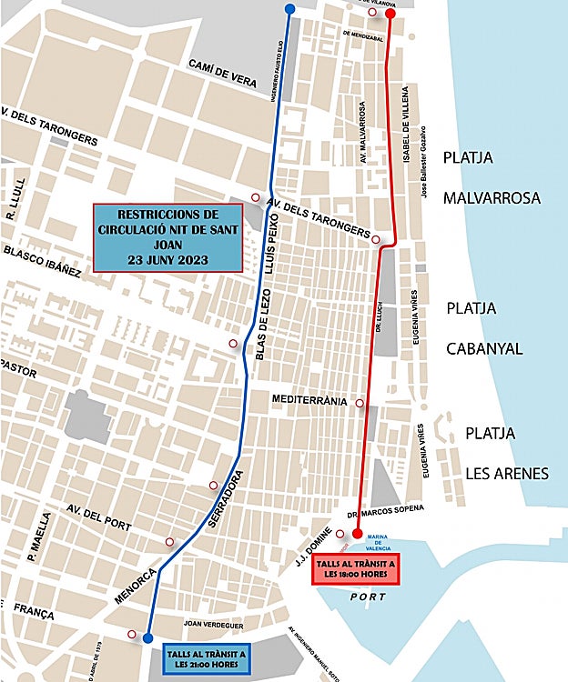 Imagen de los cortes de tráfico en Valencia por la noche de San Juan