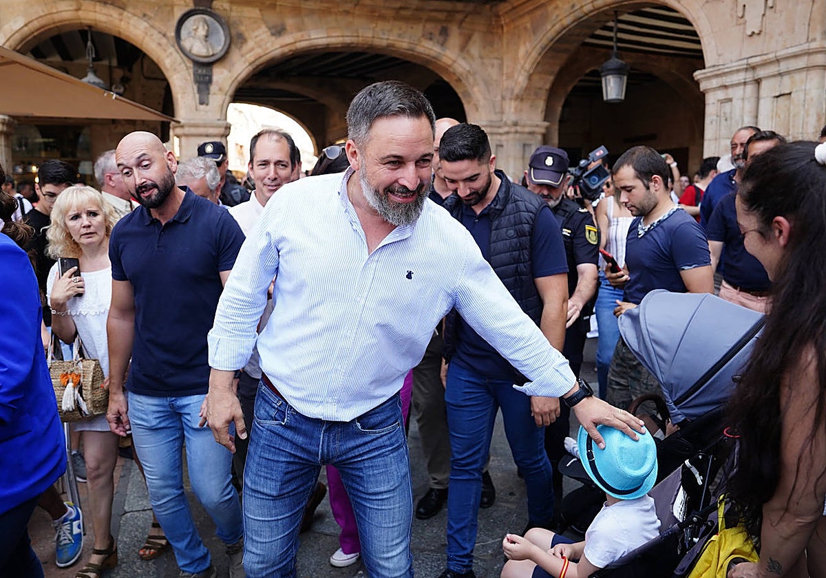 El presidente de Vox, Santiago Abascal, este mediodía, en un acto de precampaña celebrado en Salamanca