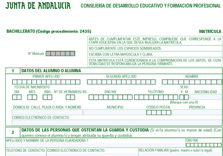 Captura de pantalla del impreso de matriculación para el Bachillerato en Andalucía