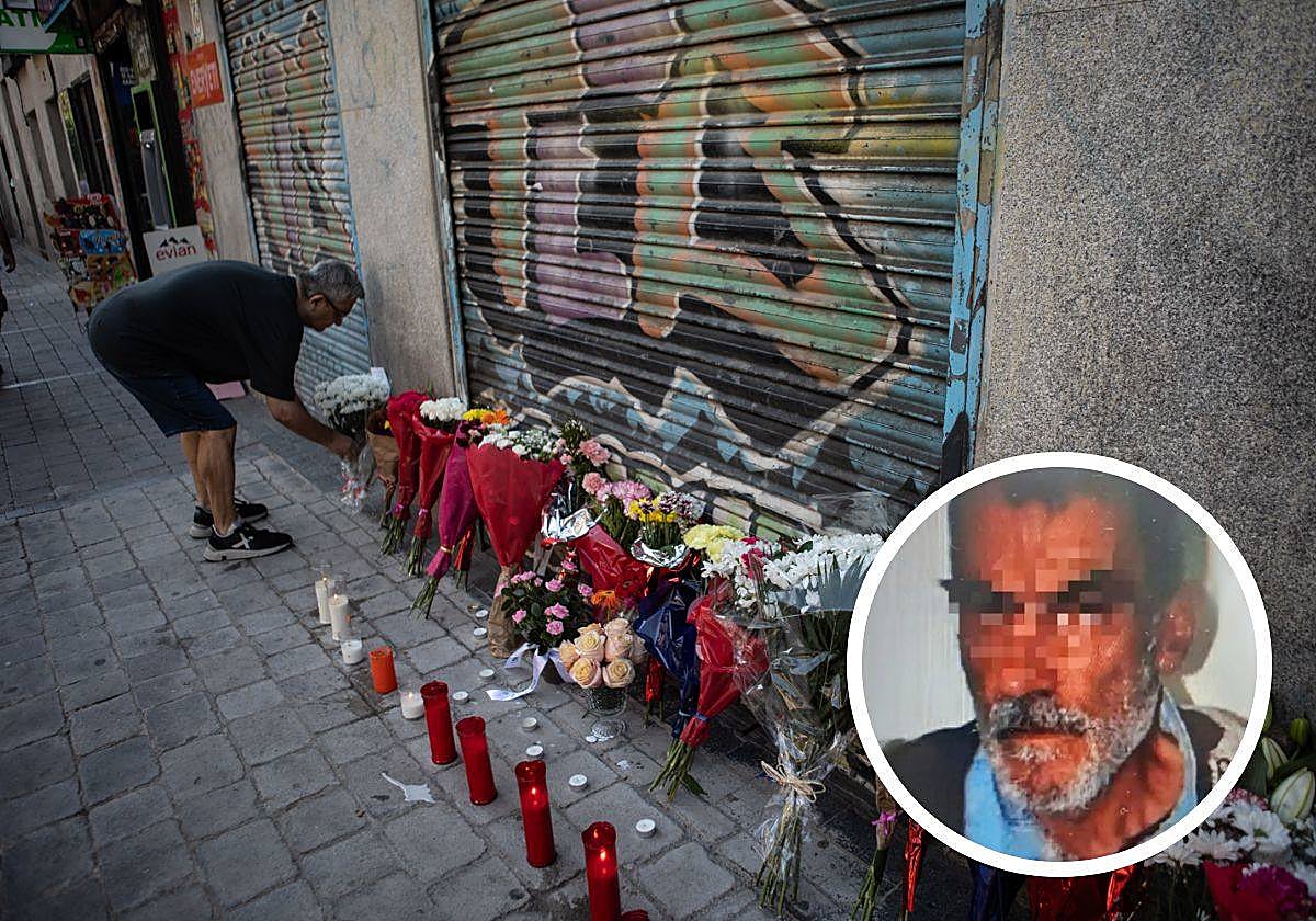 Altar en honor a Concha, a las puertas de su tienda en Tirso de Molina; junto a la imagen del presunto asesino