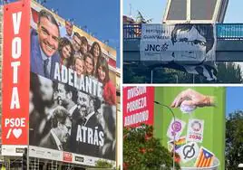 La guerra de las lonas en campaña: del selfi de Sánchez a la cara de Puigdemont en Madrid