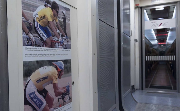 Imagen principal - Imágenes de Pedro Delgado, Miguel Indurain, Luis Ocaña y Juan Antonio Flecha en un AVE