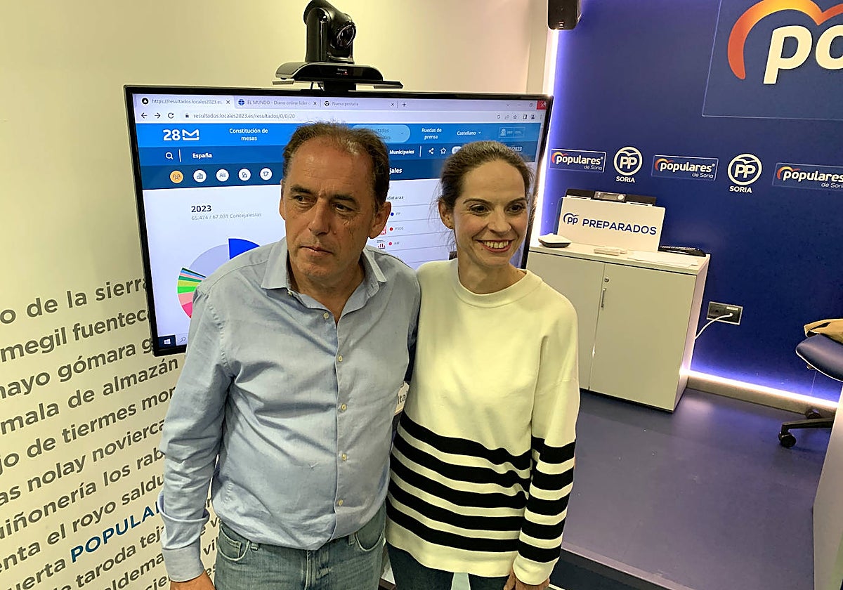 El presidente del PP en Soria, Benito Serrano, la pasada noche electoral junto a la candidata del partido a la alcaldía soriana, Belén Izquierdo